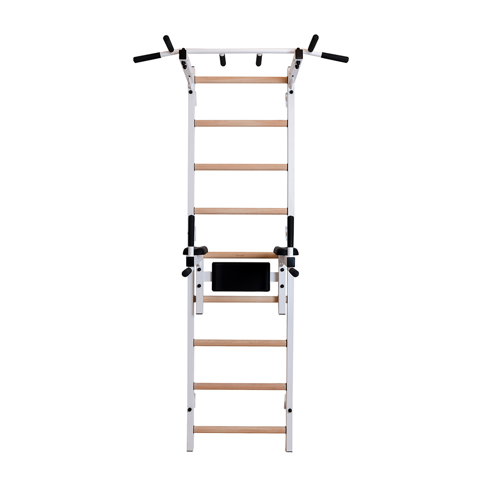 White Swedish ladder for home, room with pull-up bar and dip BenchK 722W
